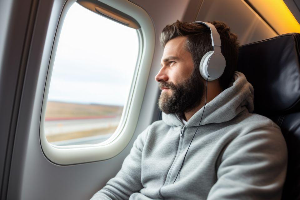 Mann der in einem Flugzeug am Fenster sitzt und raus schaut und dabei Kopfhörer trägt.